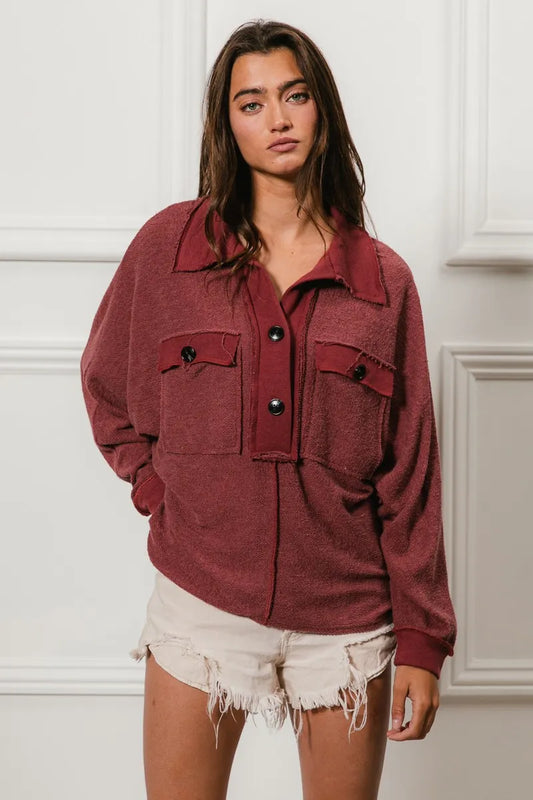 Western French Terry Cut Edge Detail Collared Top