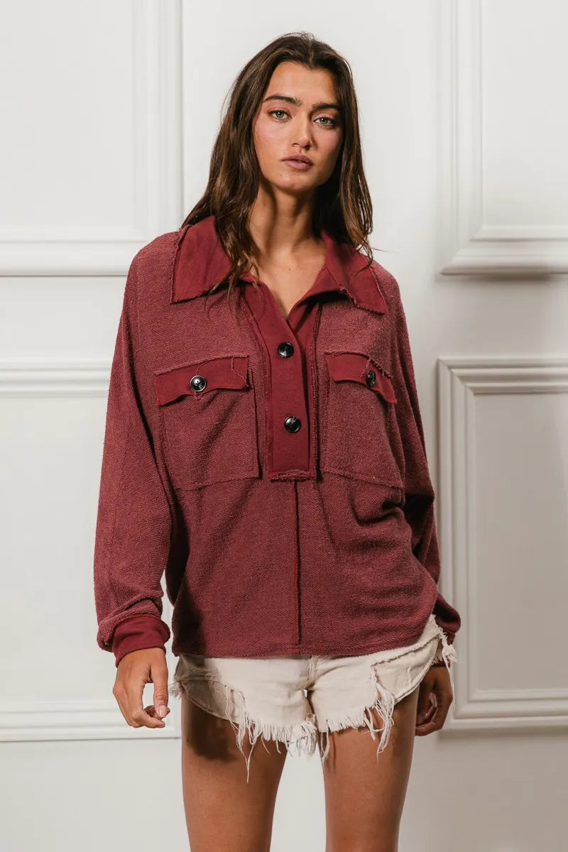Western French Terry Cut Edge Detail Collared Top