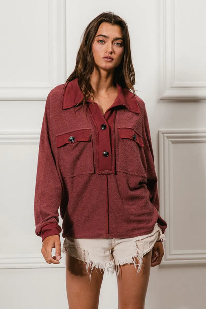 Western French Terry Cut Edge Detail Collared Top
