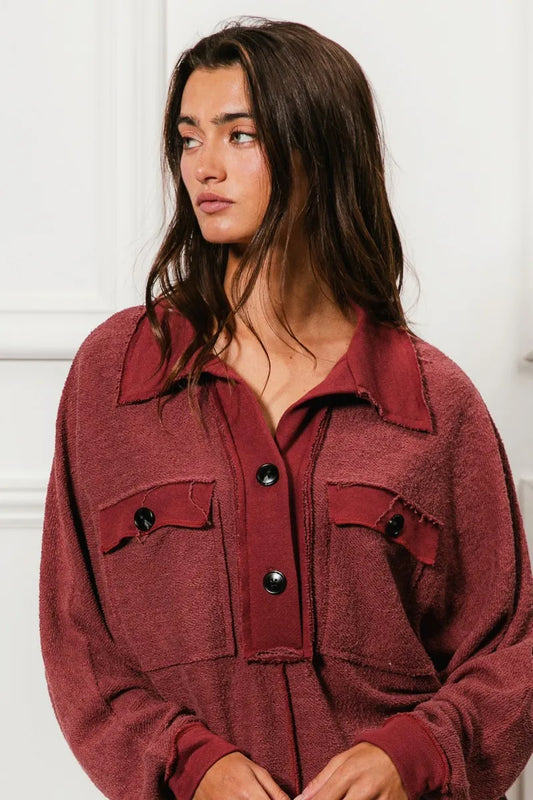 Western French Terry Cut Edge Detail Collared Top