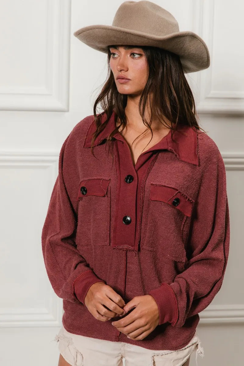 Western French Terry Cut Edge Detail Collared Top