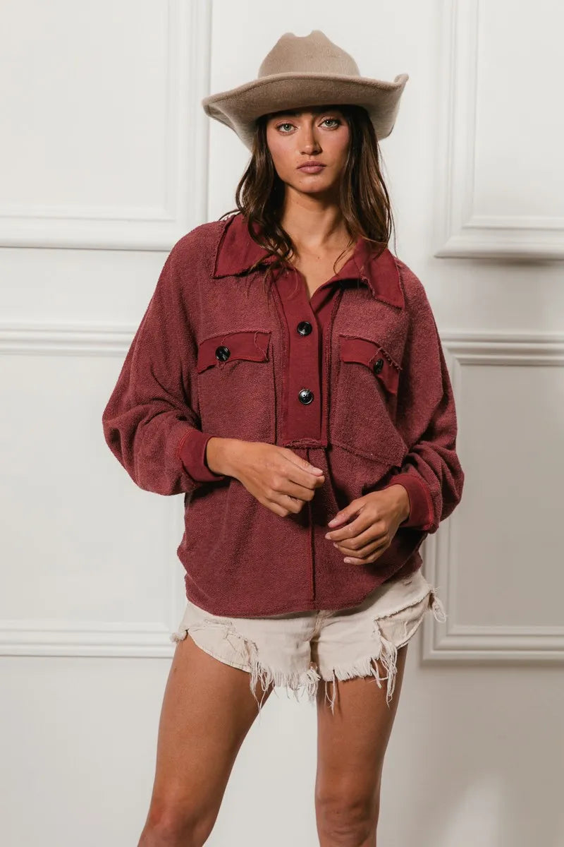 Western French Terry Cut Edge Detail Collared Top