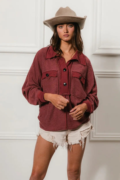 Western French Terry Cut Edge Detail Collared Top