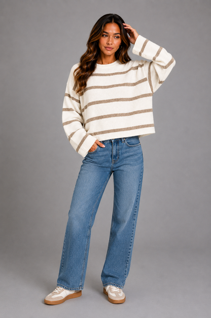 A woman modeling a cream and tan horizontally striped knit sweater, paired with blue jeans and white sneakers, against a solid gray studio background.