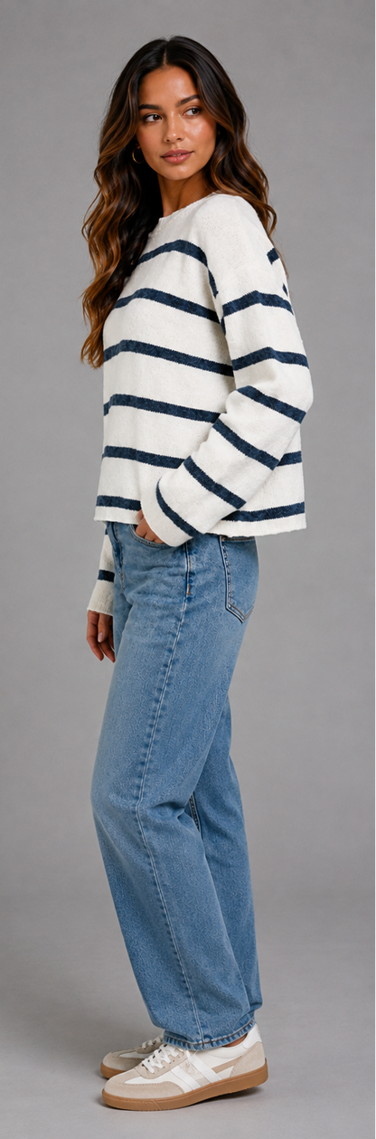 Zaria Wool Blend Striped Sweater - Navy