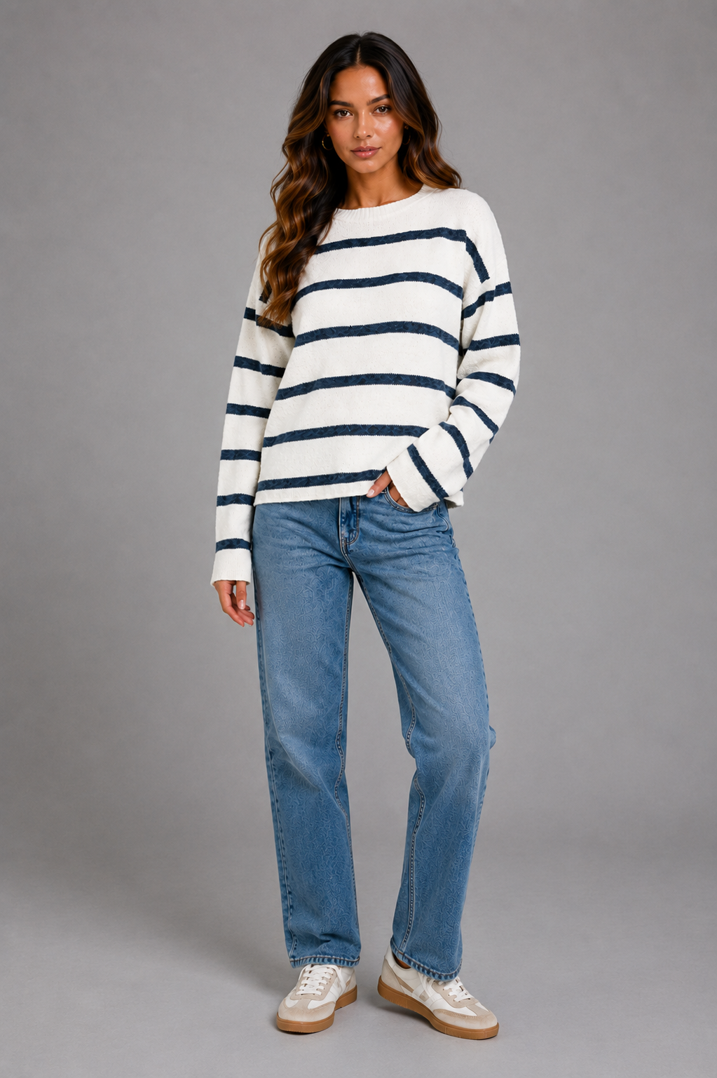 Zaria Wool Blend Striped Sweater - Navy