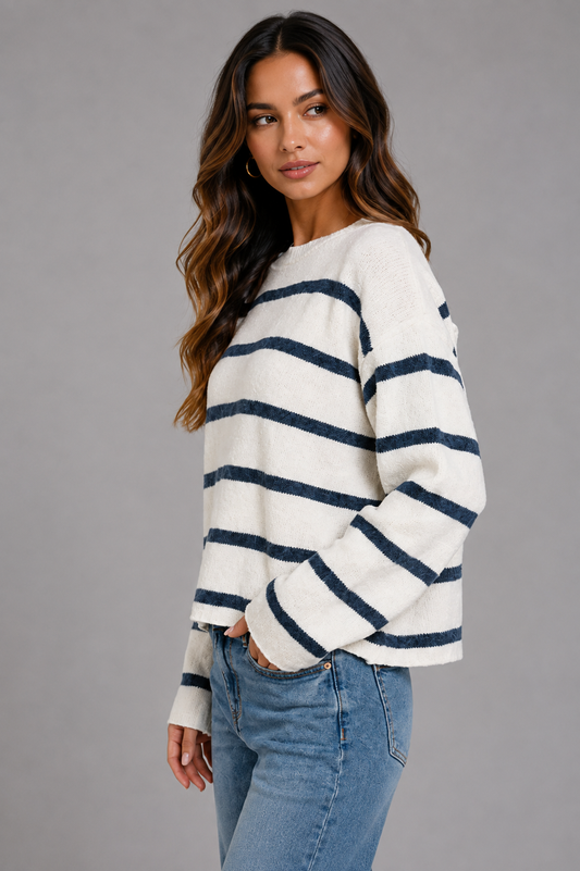 Zaria Wool Blend Striped Sweater - Navy