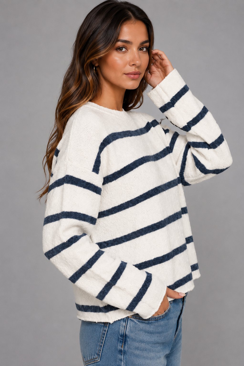 Zaria Wool Blend Striped Sweater - Navy