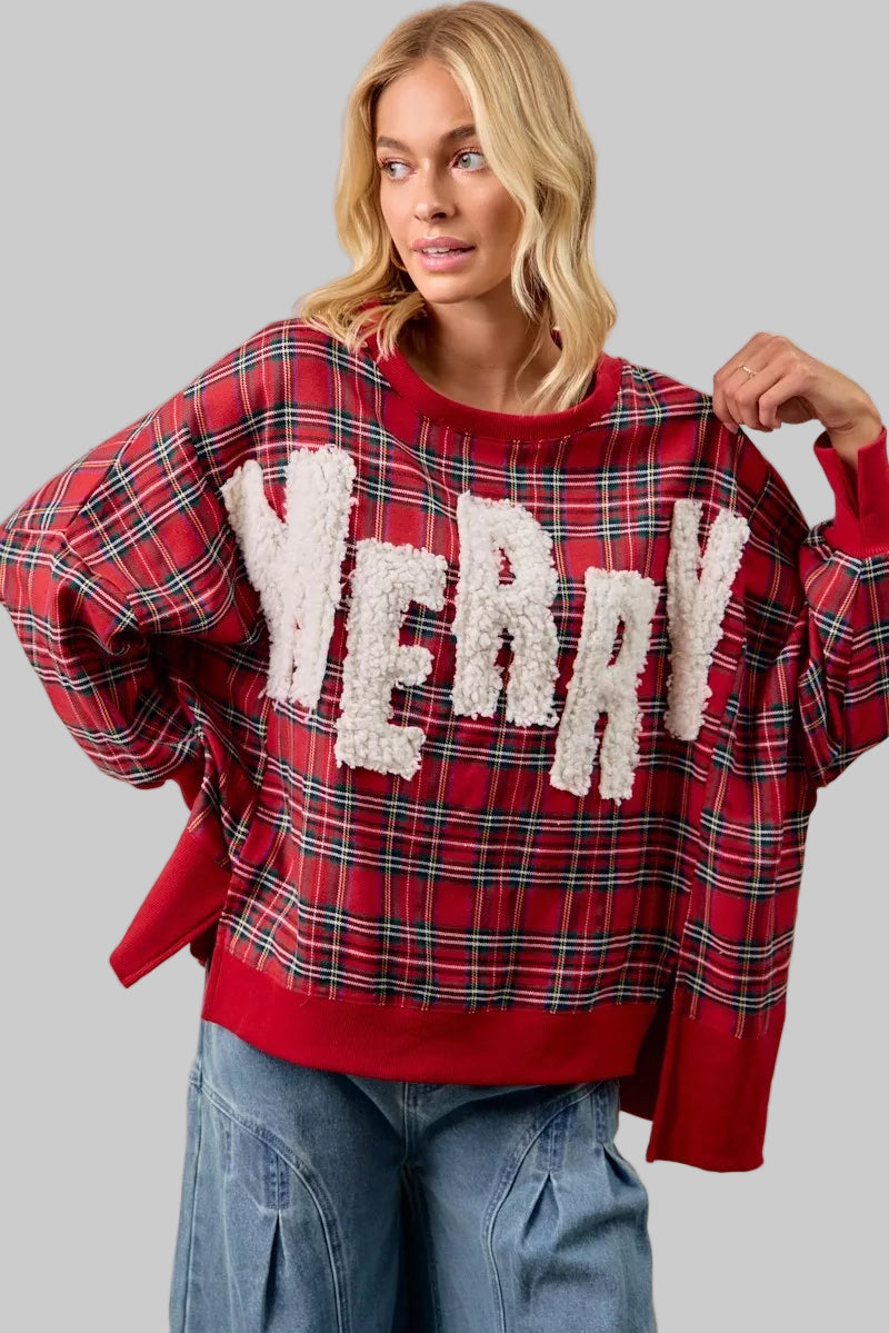 Zoe Merry Christmas Holiday Plaid Sweatshirt