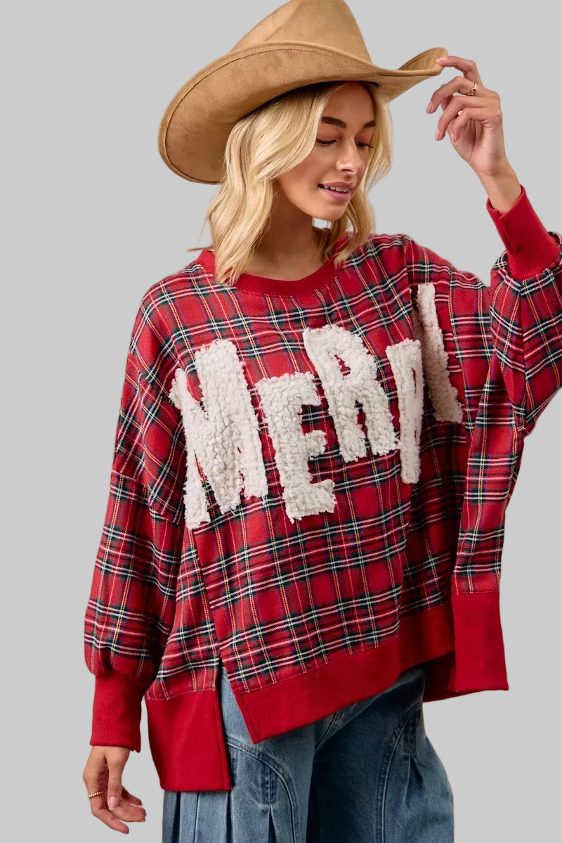 Zoe Merry Christmas Holiday Plaid Sweatshirt