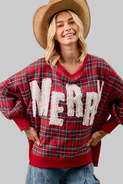 Zoe Merry Christmas Holiday Plaid Sweatshirt