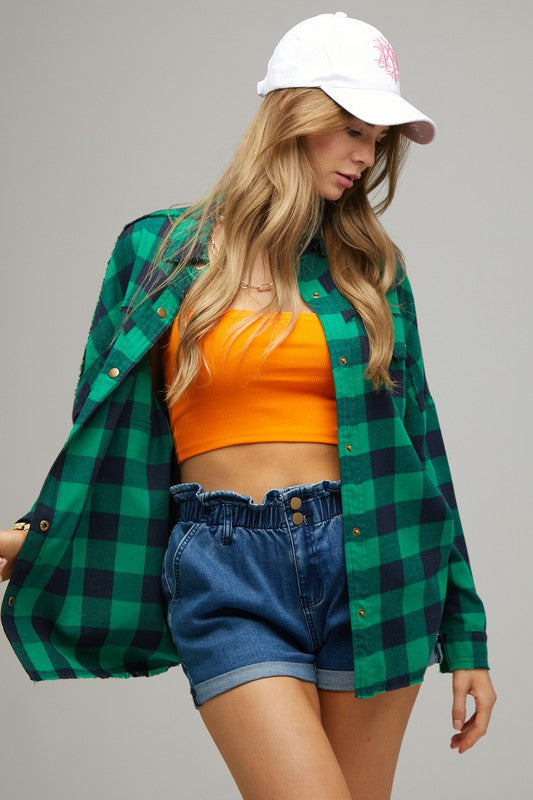Bohemian Plaid Embroidered Peace Patch Button Down Jacket