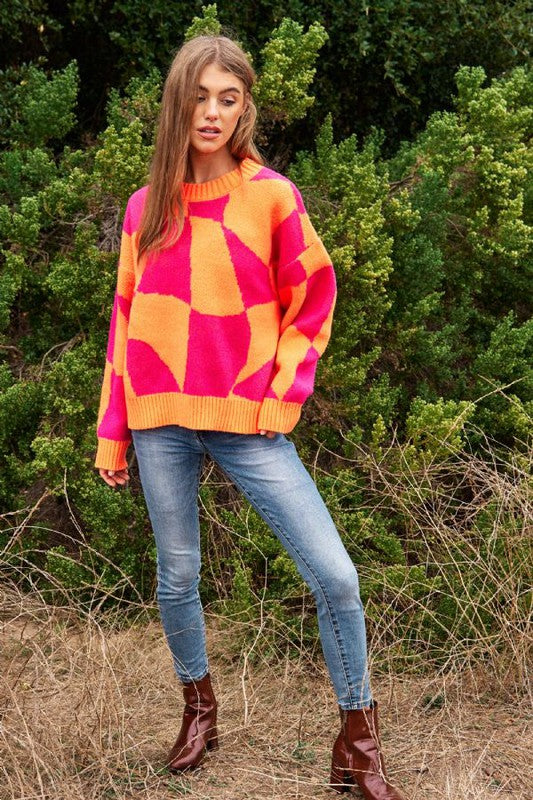 Bohemian Multi Geo Checker Pullover Knit Sweater Top