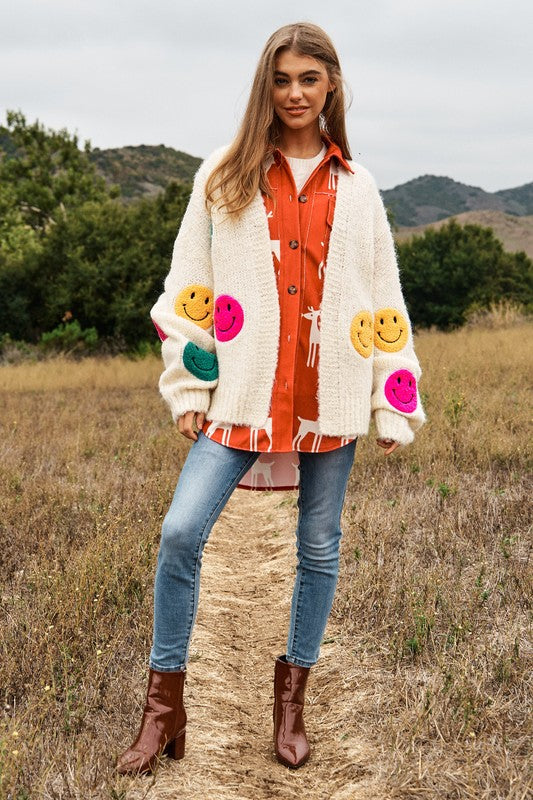 Bohemian Fuzzy Smile Long Bell Lantern Sleeve Knit Cardigan