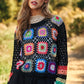 Bohemian Floral Crochet Striped Sleeve Cropped Knit Sweater