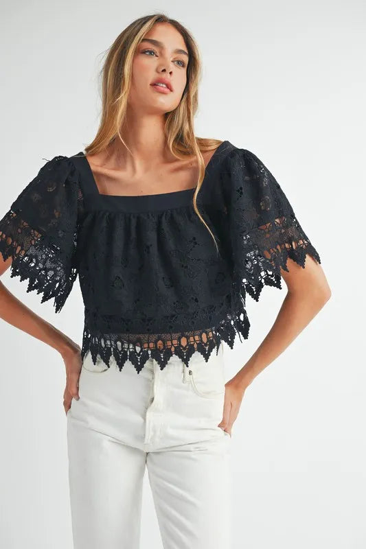 Bohemian Square Neck Crochet Lace Top With Double Bow Tie