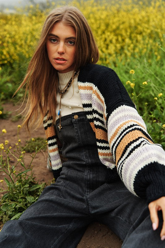 Bohemian Chunky Knit Multi-Striped Open Sweater Cardigan