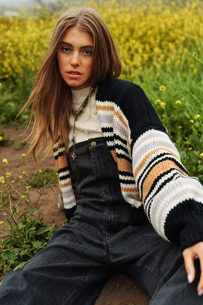 Bohemian Chunky Knit Multi-Striped Open Sweater Cardigan
