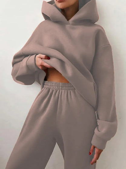 Women's Trendy Solid Color Hoody Sweatshirt and Sweatpants Set- Final Sale