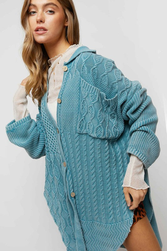 Bohemian Pattern Knit Oversized Solid Button Down Cardigan
