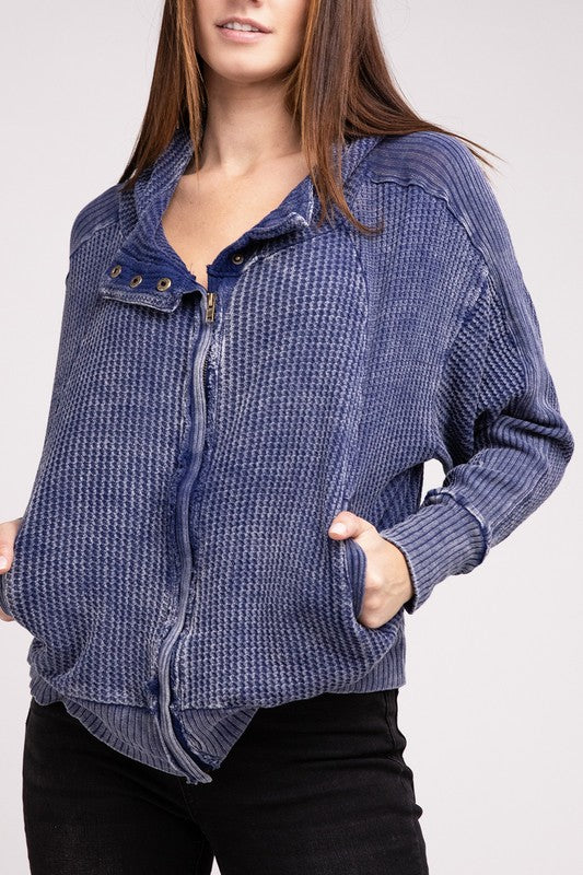 Bohemian Acid Wash Cotton Waffle Hooded Zip-Up Jacket