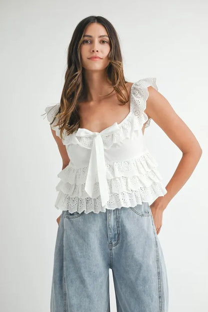 Bohemian Eyelet Embroidered Front Tie Ruffle Top