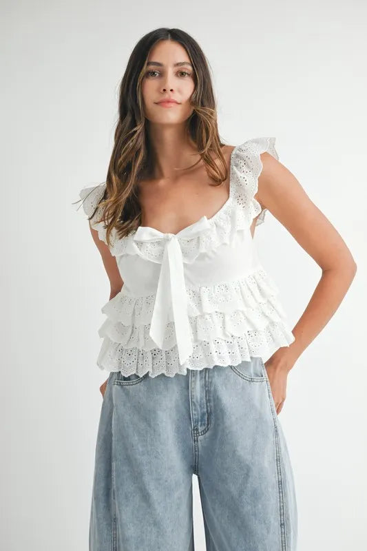 Bohemian Eyelet Embroidered Front Tie Ruffle Top