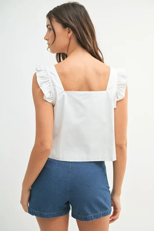 Bohemian Poplin Ruffle Strap Front Self Tie Top