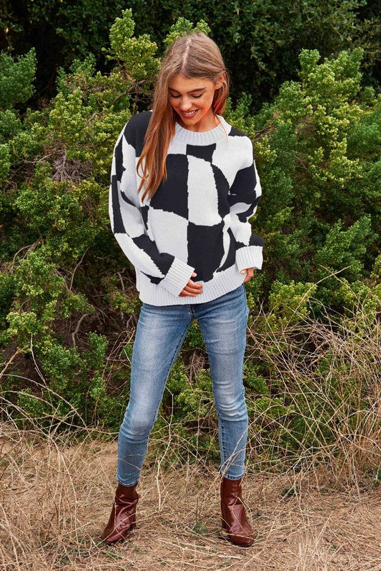 Bohemian Multi Geo Checker Pullover Knit Sweater Top