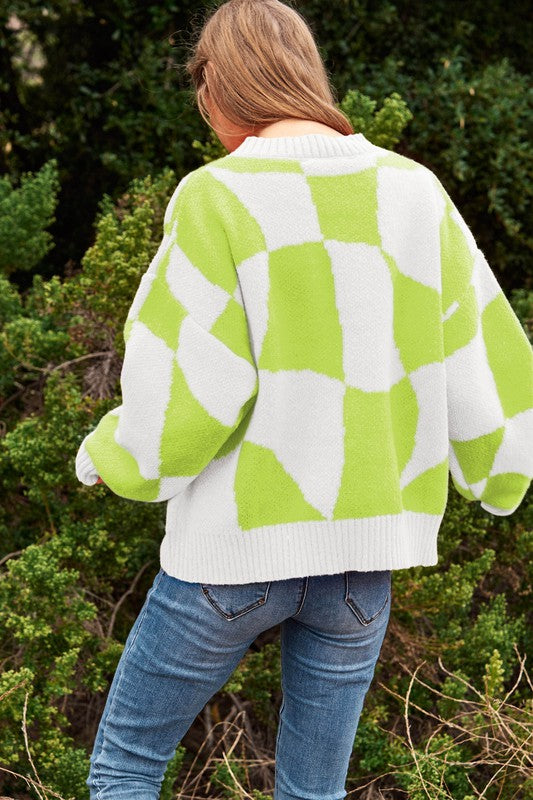 Bohemian Multi Geo Checker Pullover Knit Sweater Top
