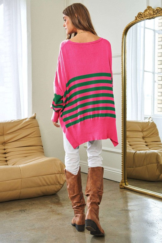 Bohemian Multi Striped Elbow Patch Loose Fit Sweater Top