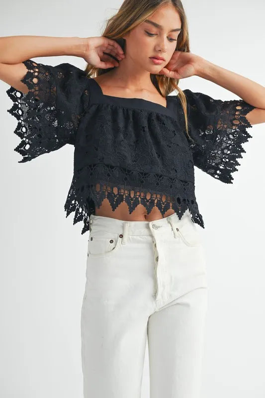 Bohemian Square Neck Crochet Lace Top With Double Bow Tie