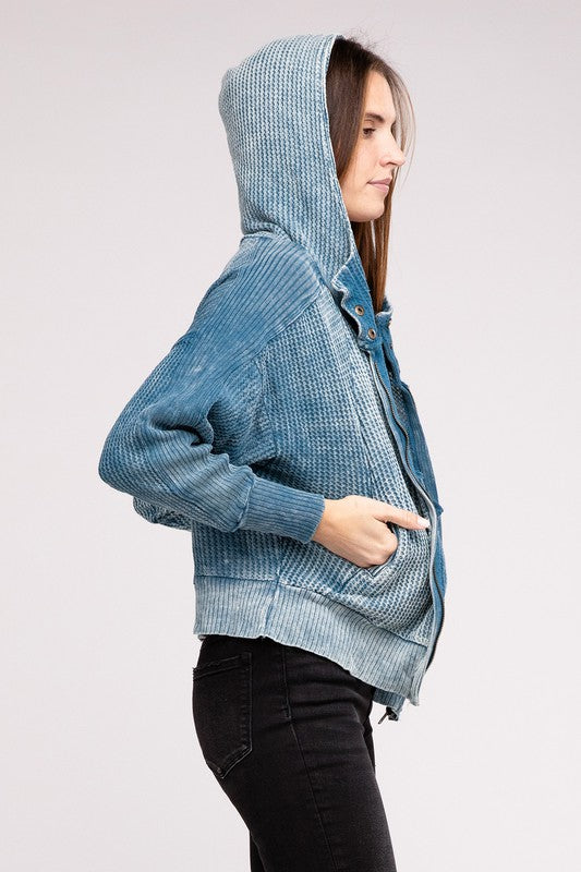 Bohemian Acid Wash Cotton Waffle Hooded Zip-Up Jacket