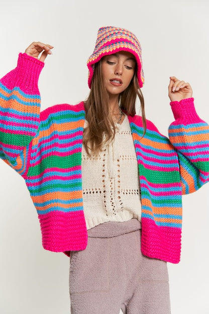 Bohemian Chunky Knit Multi-Striped Open Sweater Cardigan