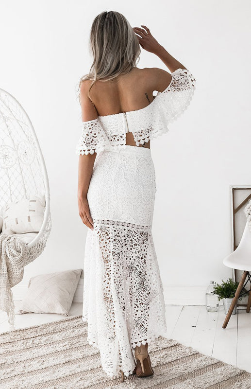 Boho Chic Off Shoulder Lace Crop Top and Skirt Dress