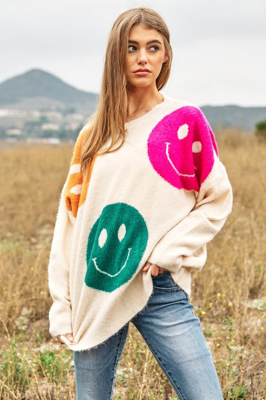 Bohemian Fuzzy Smile Printed Long Sleeve Loose Fit Knit Sweater