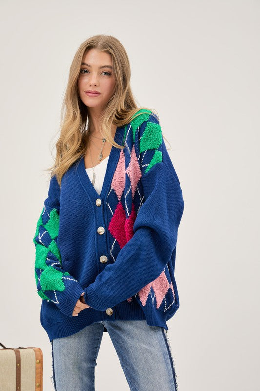 Bohemian Plush Argyle Button Front Loose Fit Knit Cardigan
