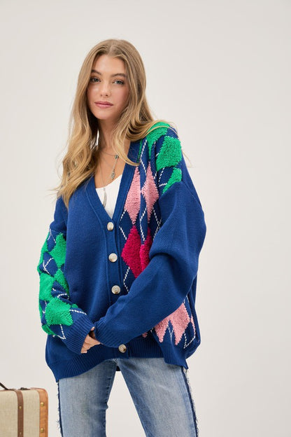 Bohemian Plush Argyle Button Front Loose Fit Knit Cardigan