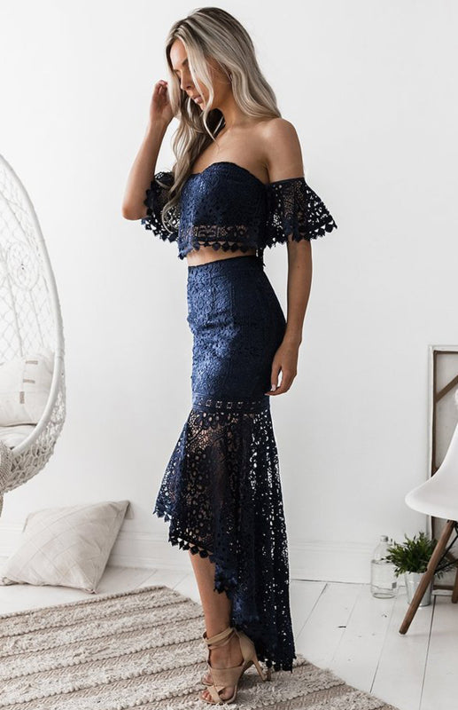 Boho Chic Off Shoulder Lace Crop Top and Skirt Dress