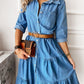 Women's Belted Tiered Skirt Long Sleeve Denim Shirt Dress