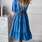 Women's Belted Tiered Skirt Long Sleeve Denim Shirt Dress
