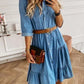 Women's Belted Tiered Skirt Long Sleeve Denim Shirt Dress