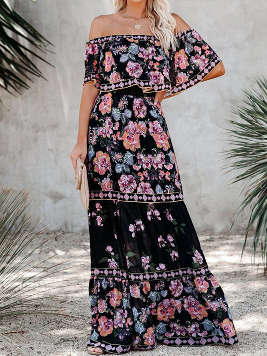 Summer Floral Printed Off the Shoulder Maxi Dress