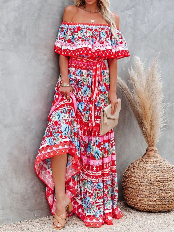 Summer Floral Printed Off the Shoulder Maxi Dress