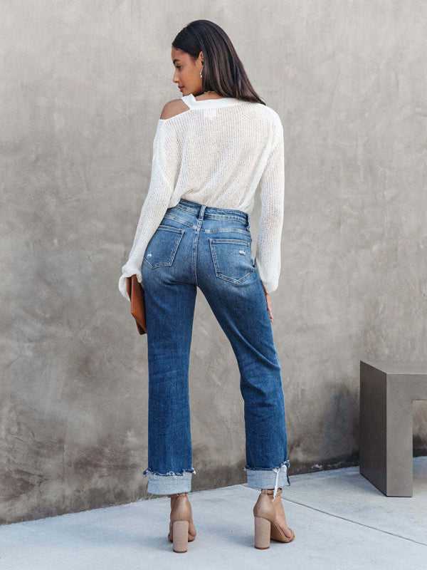 Women's Denim Washed High Waist Crossover Waist Jeans