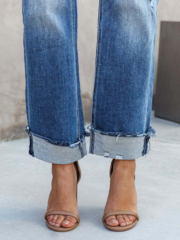 Women's Denim Washed High Waist Crossover Waist Jeans