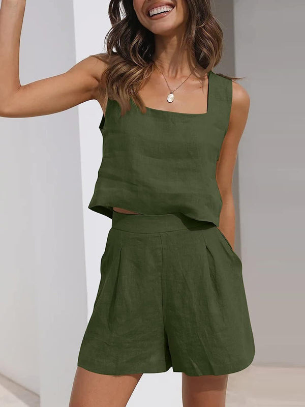 Casual Cotton Linen Sleeveless Square Neck Top + Shorts Two-Piece Set