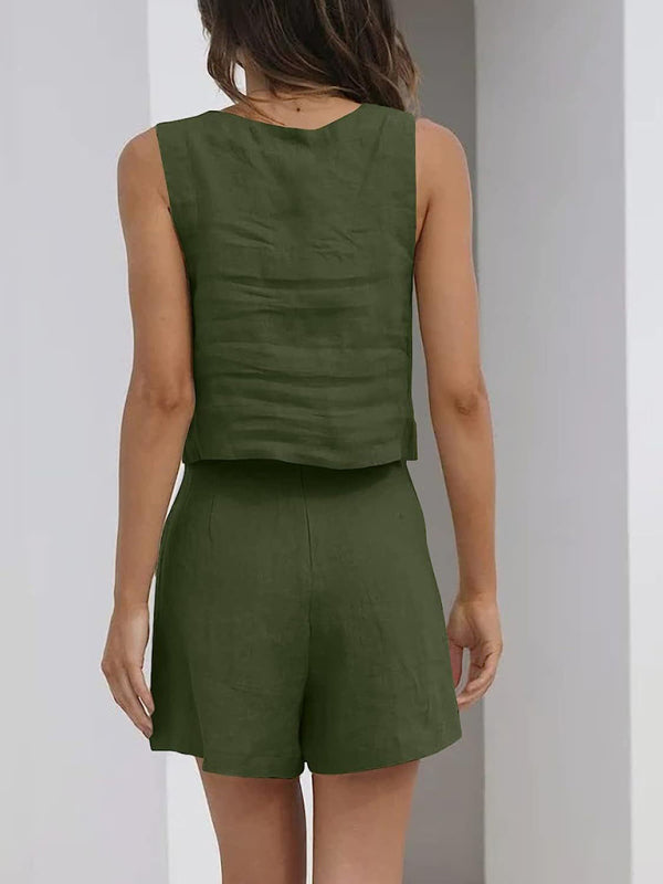 SALE Casual Cotton Sleeveless Square Neck Top + Shorts Two-Piece Set