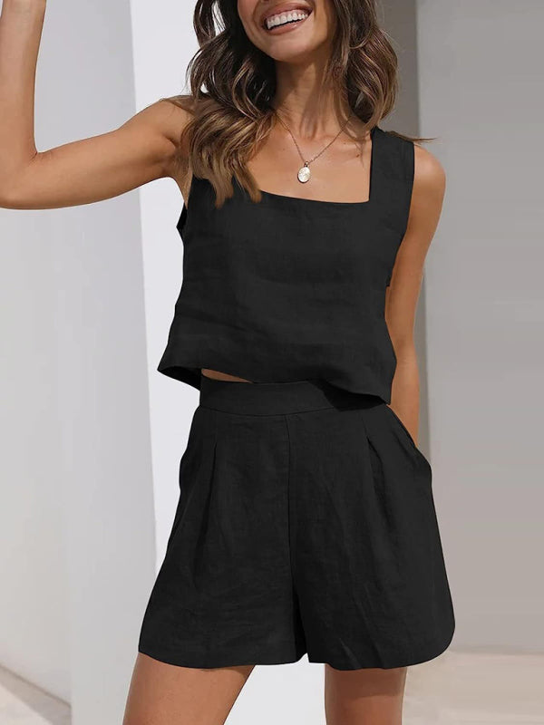Casual Cotton Linen Sleeveless Square Neck Top + Shorts Two-Piece Set
