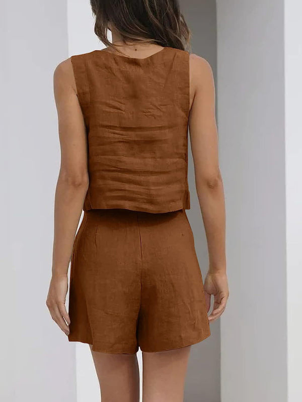 SALE Casual Cotton Sleeveless Square Neck Top + Shorts Two-Piece Set